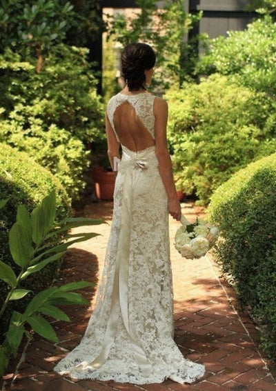 Sleeveless Keyhole Sweep Champagne Lace Column Wedding Dress