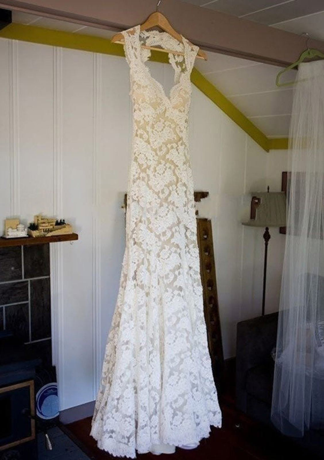 Sleeveless Keyhole Sweep Champagne Lace Column Wedding Dress, Sash