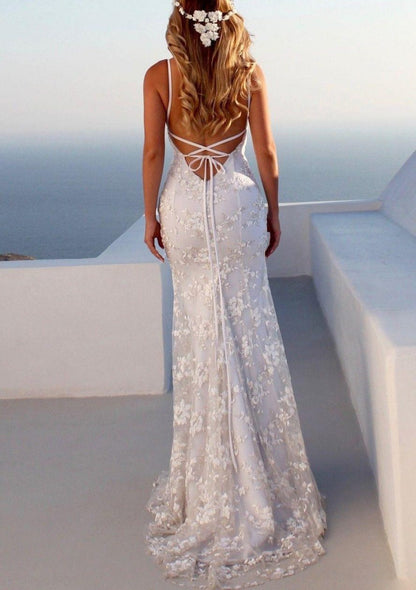 Spaghetti Straps Backless Fishtail Ivory Satin Lace Mermaid 
