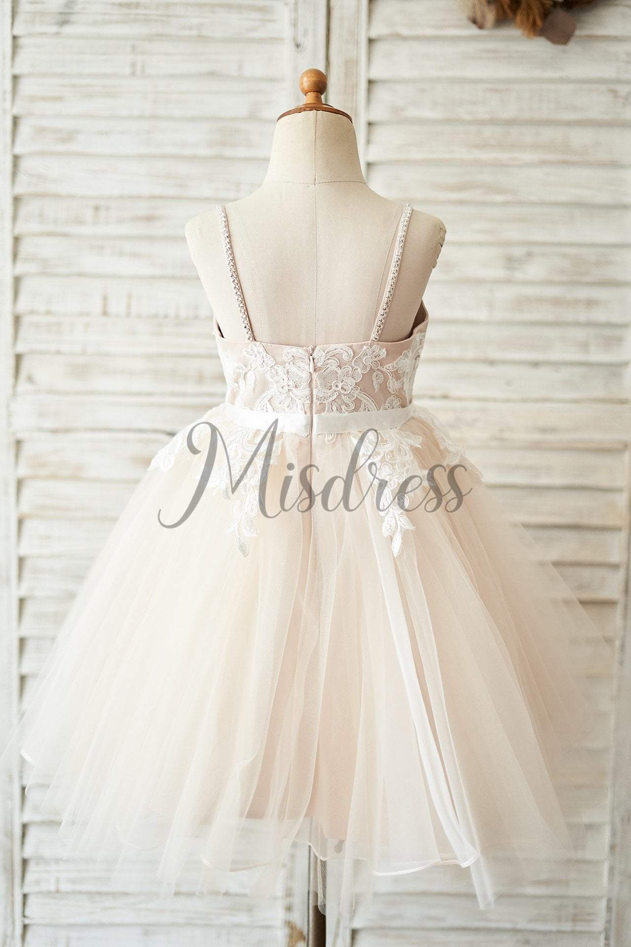 Spaghetti straps Ivory lace Peach Pink Tulle V Neck Wedding Flower Girl Dress - Flower Girl Dresses