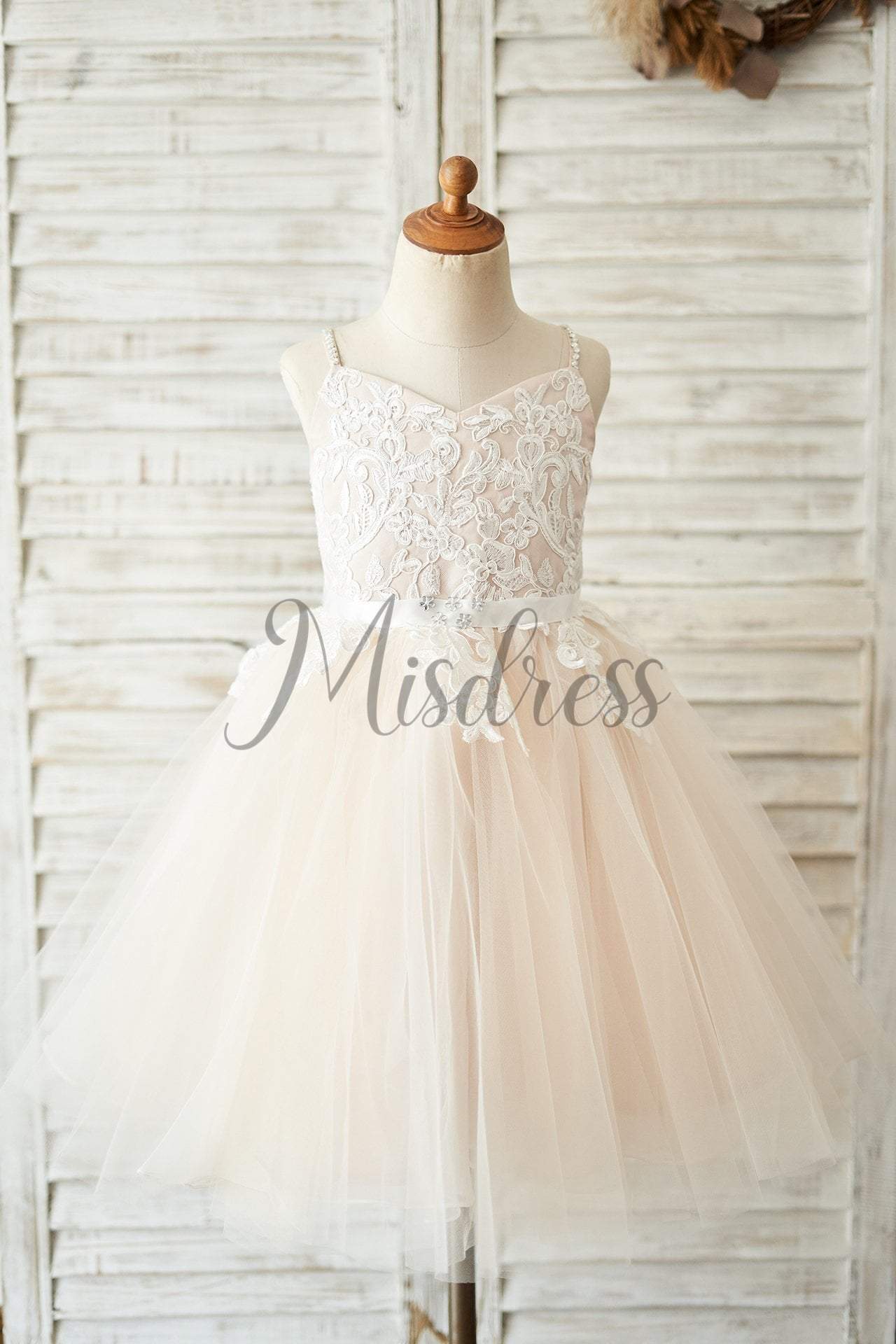 Spaghetti straps Ivory lace Peach Pink Tulle V Neck Wedding Flower Girl Dress - Flower Girl Dresses