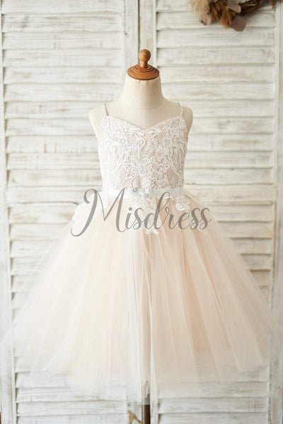 Spaghetti straps Ivory lace Peach Pink Tulle V Neck Wedding Flower Girl Dress - Flower Girl Dresses