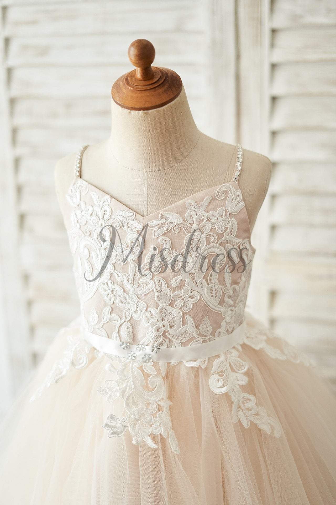 Spaghetti straps Ivory lace Peach Pink Tulle V Neck Wedding Flower Girl Dress - Flower Girl Dresses