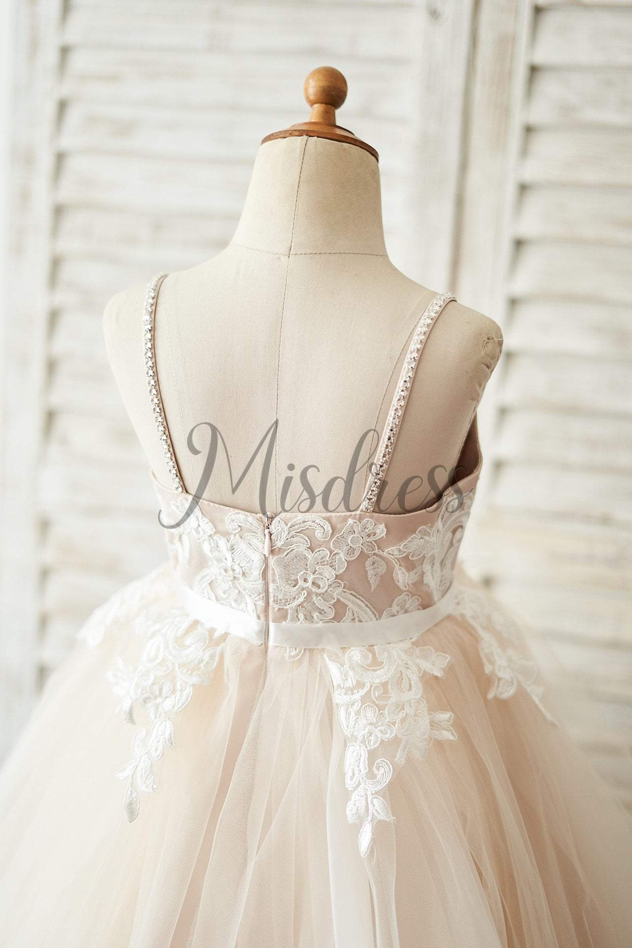 Spaghetti straps Ivory lace Peach Pink Tulle V Neck Wedding Flower Girl Dress - Flower Girl Dresses