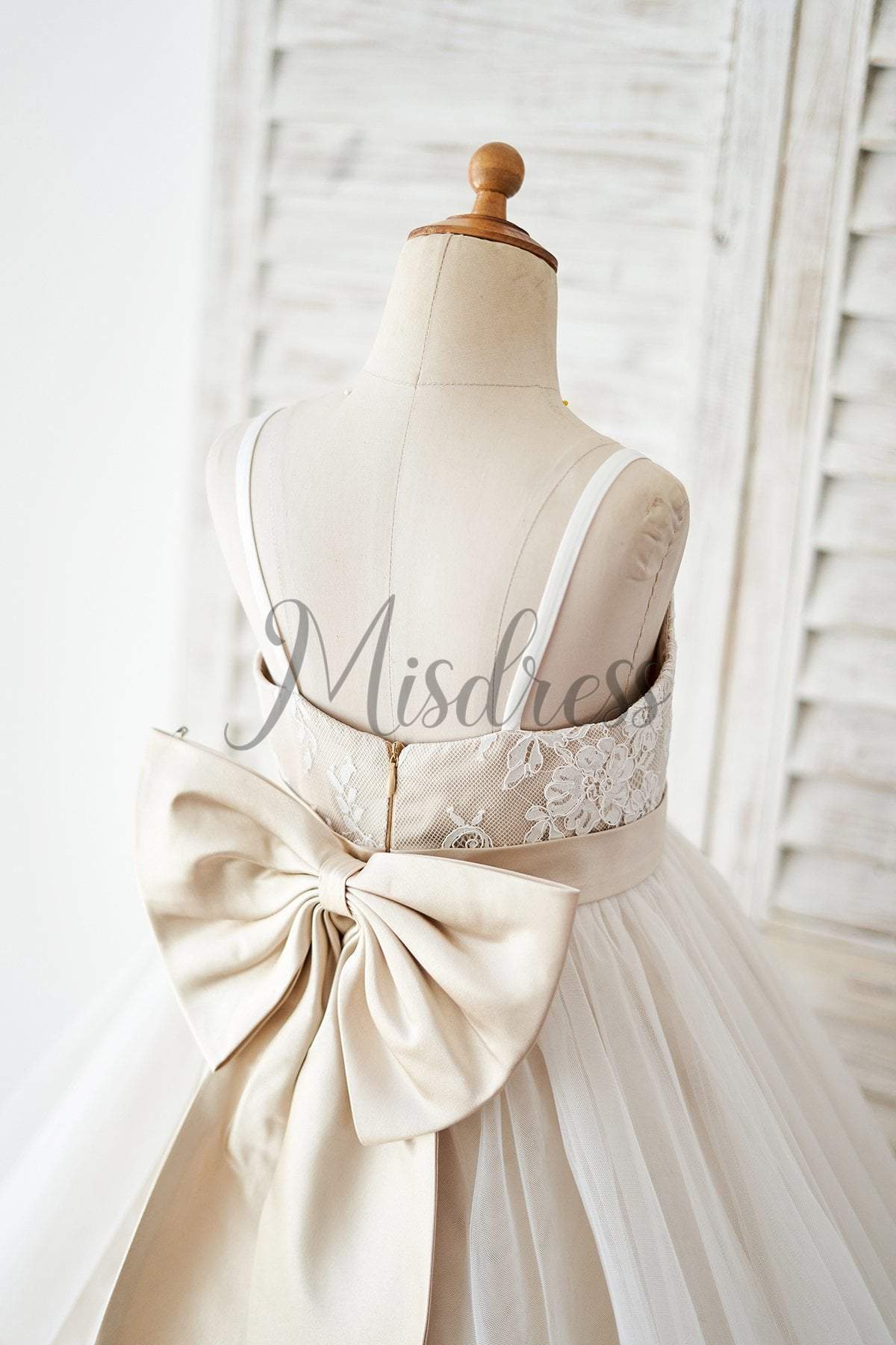 Spaghetti Straps Ivory Lace Tulle Wedding Flower Girl Dress with Champagne Lining - Flower Girl Dresses