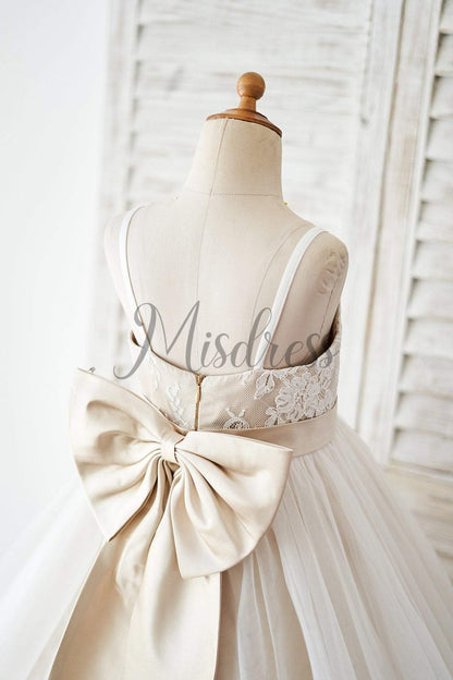 Spaghetti Straps Ivory Lace Tulle Wedding Flower Girl Dress with Champagne Lining - Flower Girl Dresses