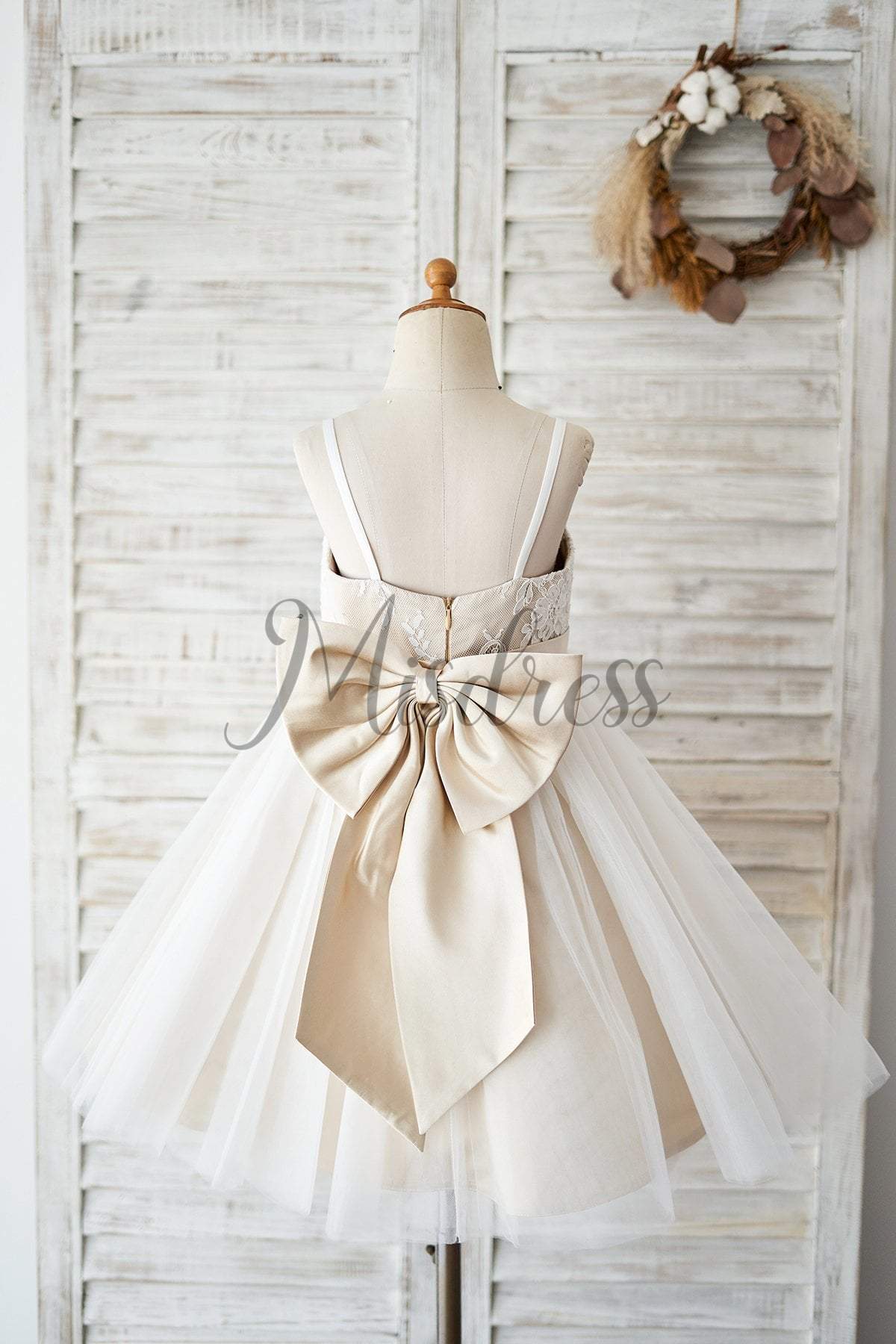 Spaghetti Straps Ivory Lace Tulle Wedding Flower Girl Dress with Champagne Lining - Flower Girl Dresses