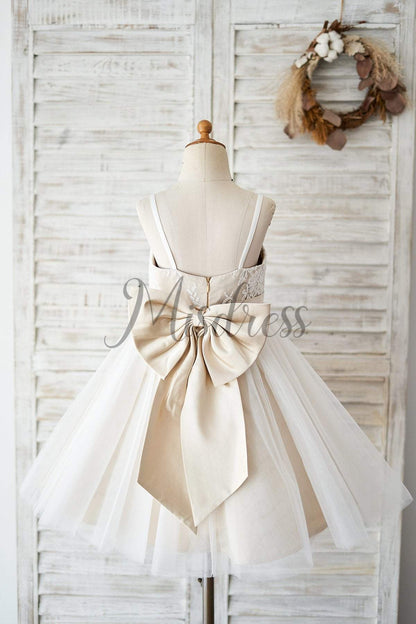 Spaghetti Straps Ivory Lace Tulle Wedding Flower Girl Dress with Champagne Lining - Flower Girl Dresses