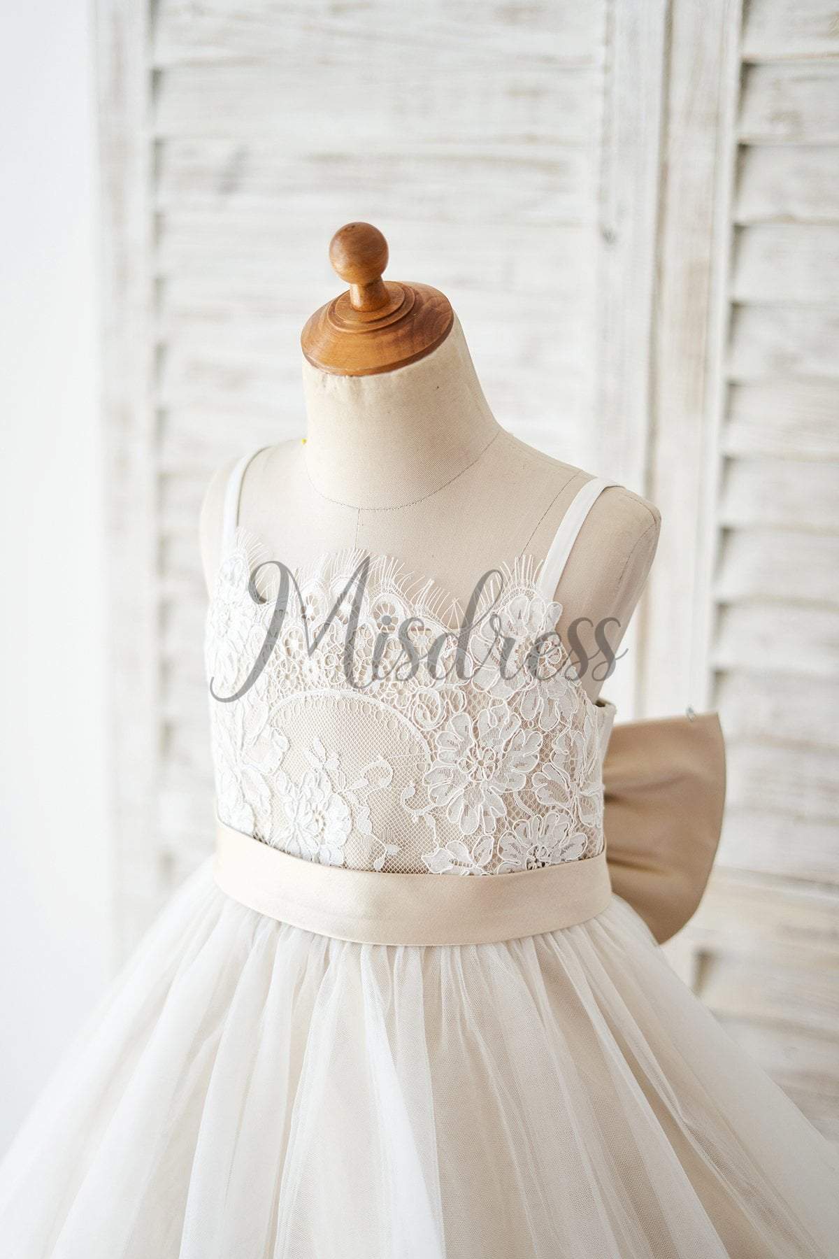 Spaghetti Straps Ivory Lace Tulle Wedding Flower Girl Dress with Champagne Lining - Flower Girl Dresses