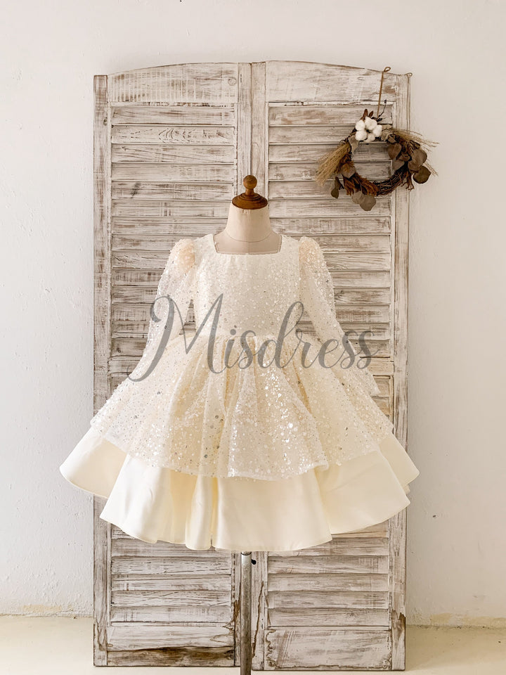 Square Neck Long Sleeves Crystal Beaded Wedding Flower Girl Dress Horsehair Hem