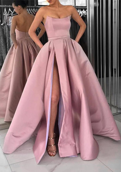 Strapless High Slit Pink Satin Formal Gown Prom Dress