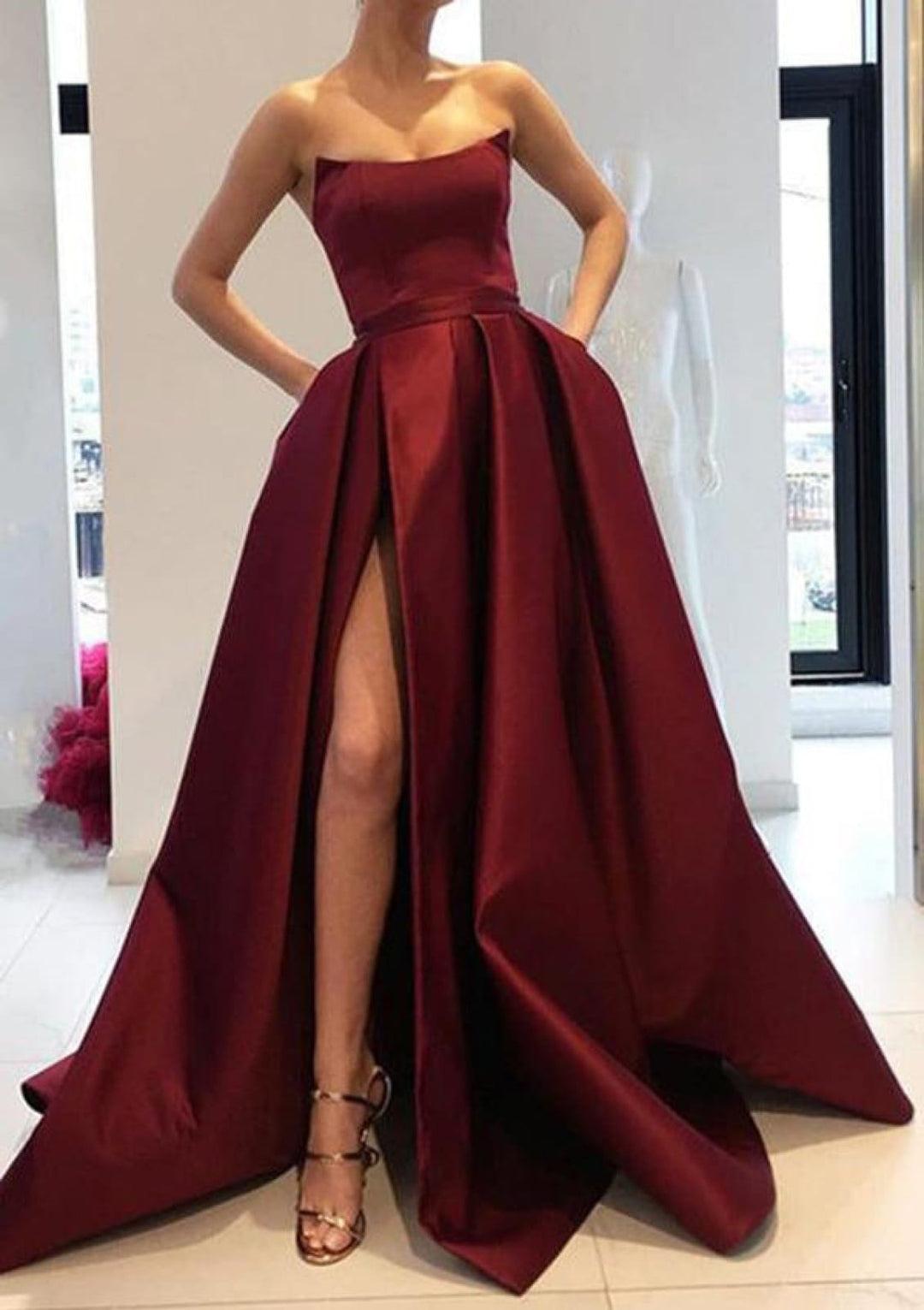 Strapless High Slit Pink Satin Formal Gown Prom Dress, Pockets | Misdress
