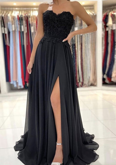 Strapless A-line Sweetheart Sweep Train Chiffon Black Formal