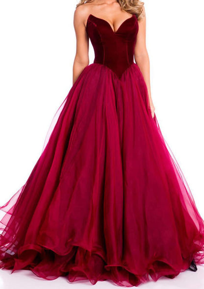 Strapless Organza Velvet Burgundy & Crimson Basque Waist 