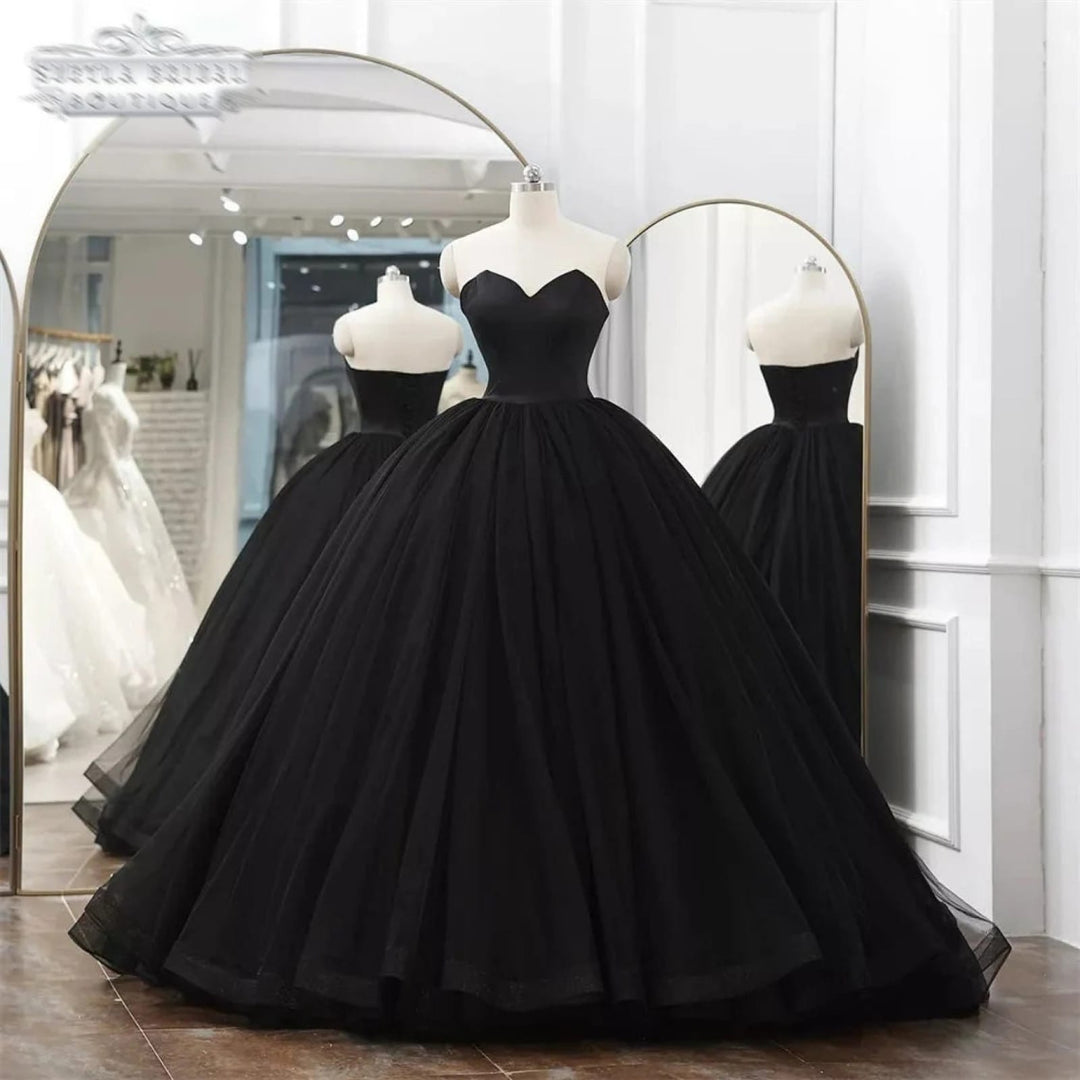 Strapless Sweetheart Black Satin Tulle Court Ball Gown Wedding Dress | Misdress Strapless Sweetheart Black Satin Tulle Court Ball Gown Wedding Dress | Misdress