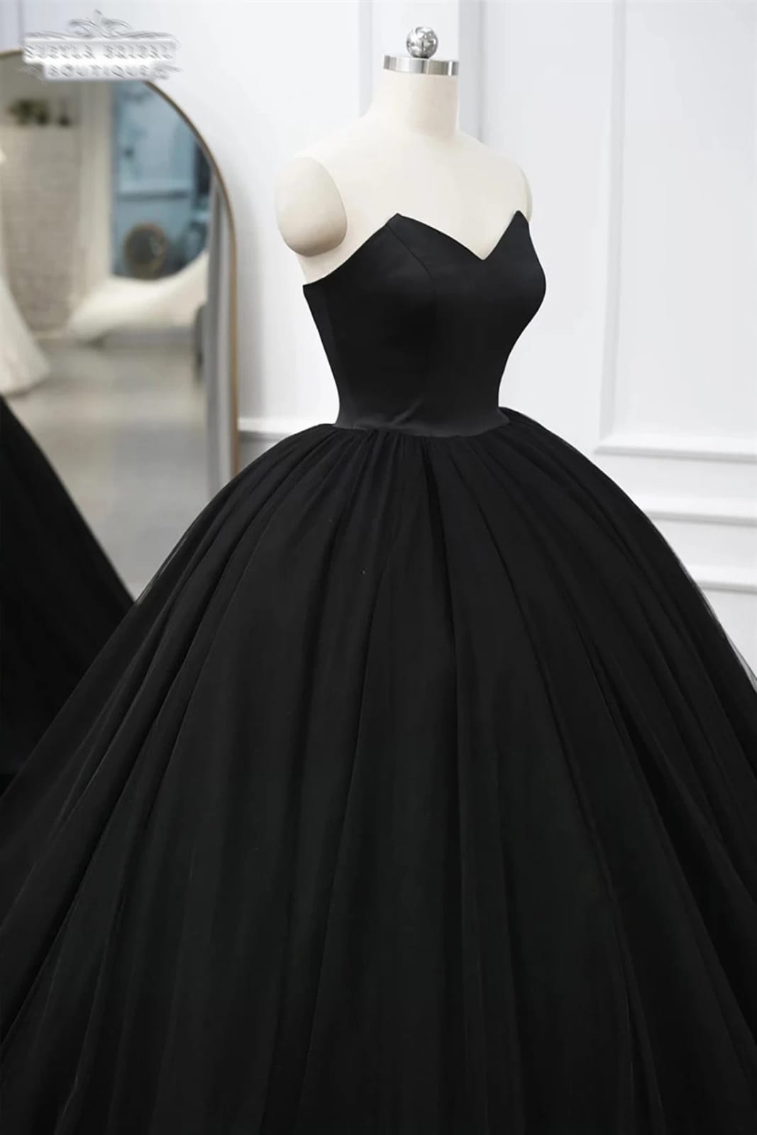 Strapless Sweetheart Black Satin Tulle Court Ball Gown Wedding Dress ...