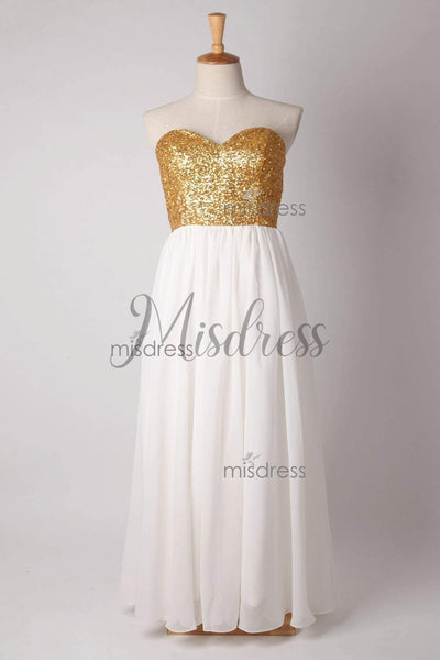 Strapless Sweetheart Gold Sequin Ivory Chiffon  Long Bridesmaid Dress - Bridesmaid Dresses