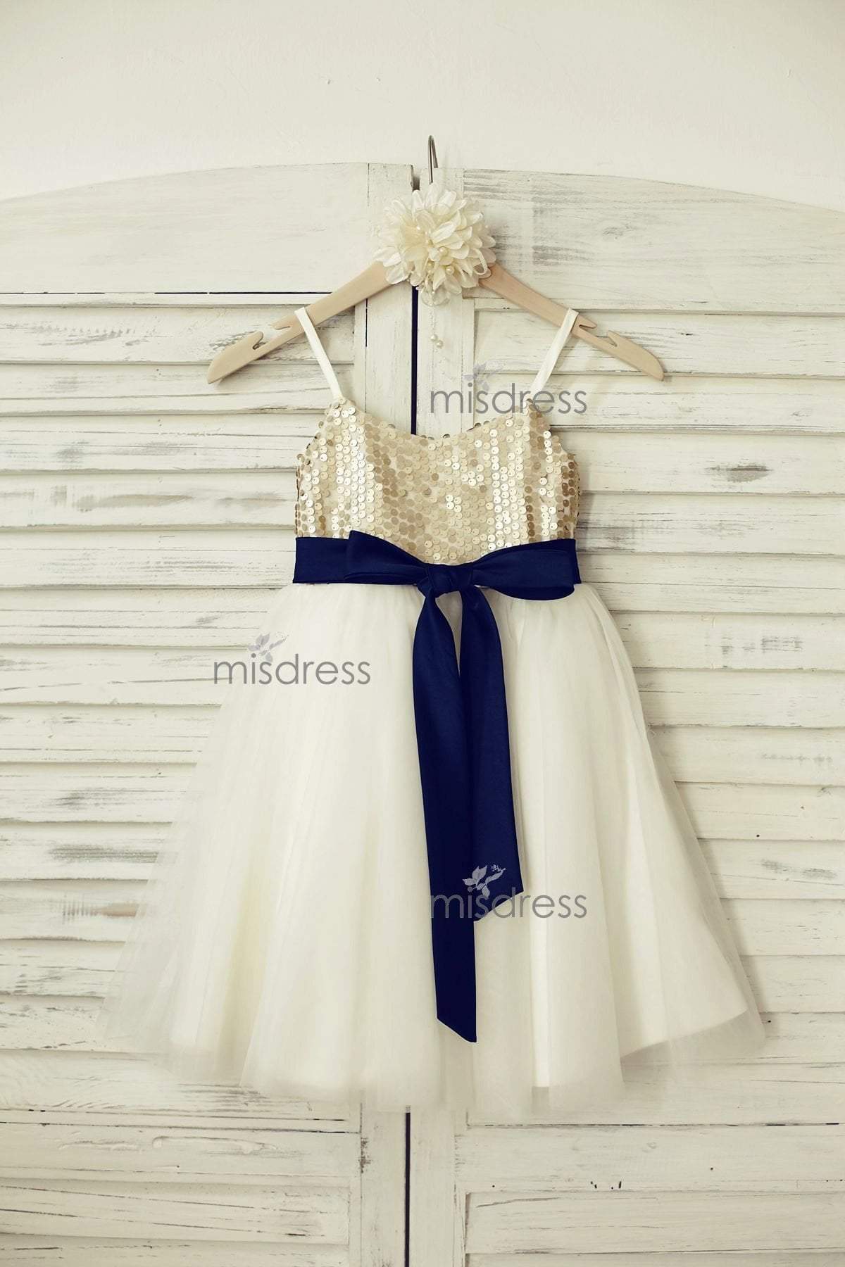 Thin Straps Champagne Sequin Tulle Flower Girl Dress, Navy Belt| Misdress