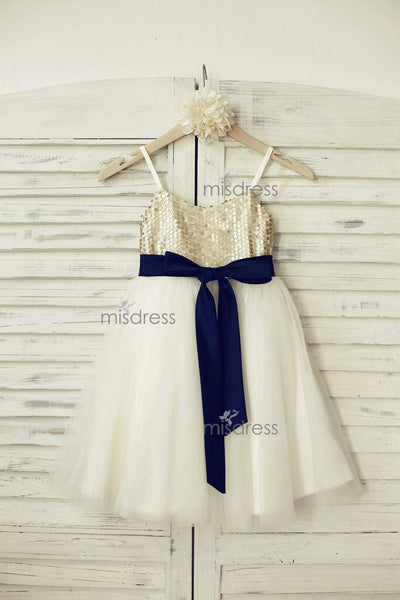 Thin Straps Champagne Sequin Tulle Flower Girl Dress With Navy Blue Belt - Flower Girl Dresses