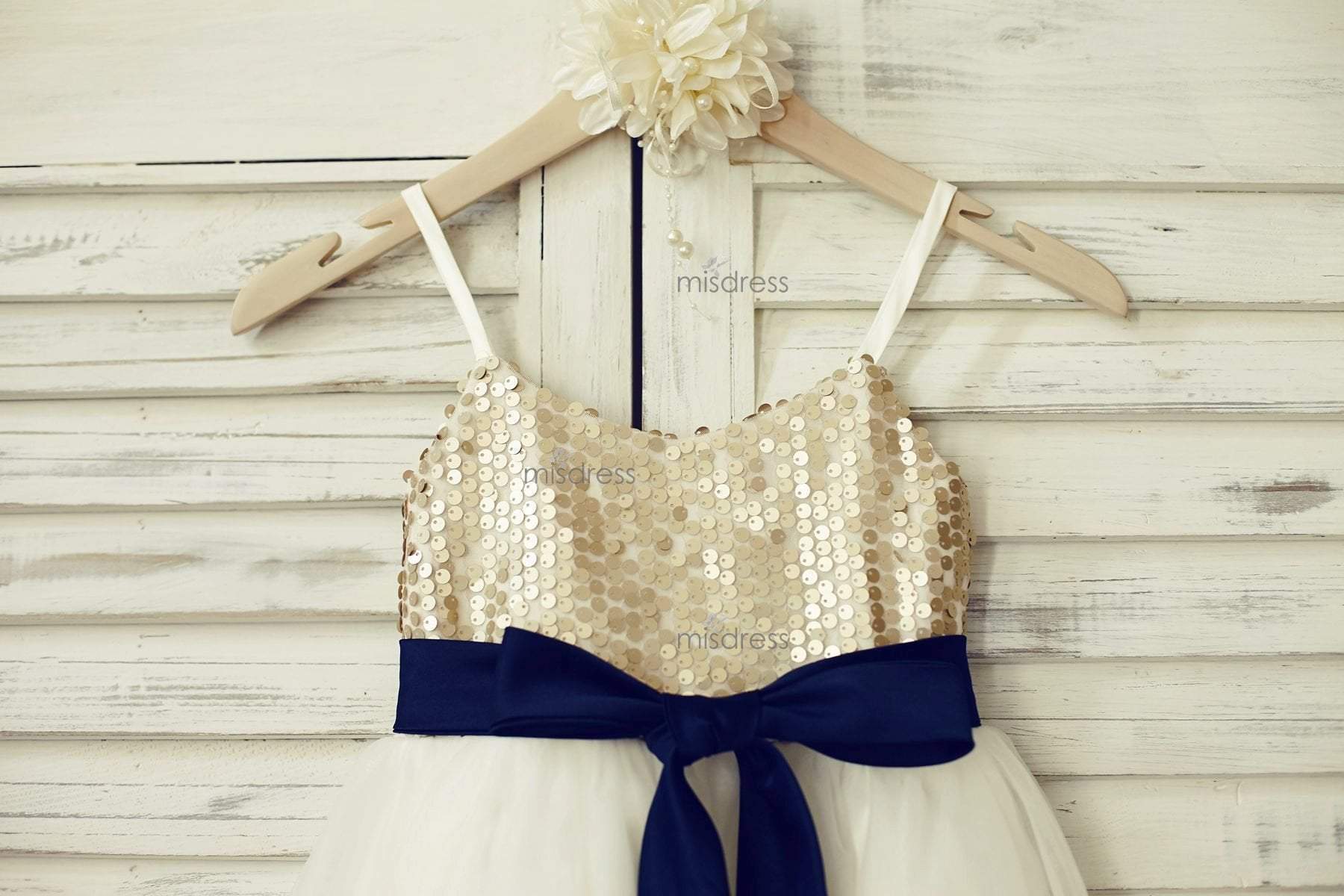 Thin Straps Champagne Sequin Tulle Flower Girl Dress, Navy Belt