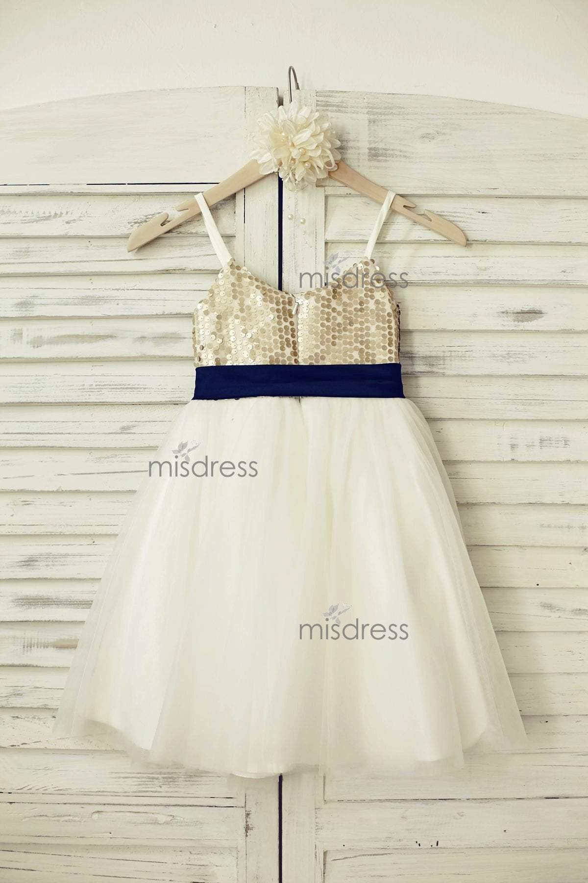 Thin Straps Champagne Sequin Tulle Flower Girl Dress With Navy Blue Belt - Flower Girl Dresses