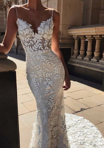 Spaghetti Straps Lace Appliqued Mermaid Bridal Gown Wedding 