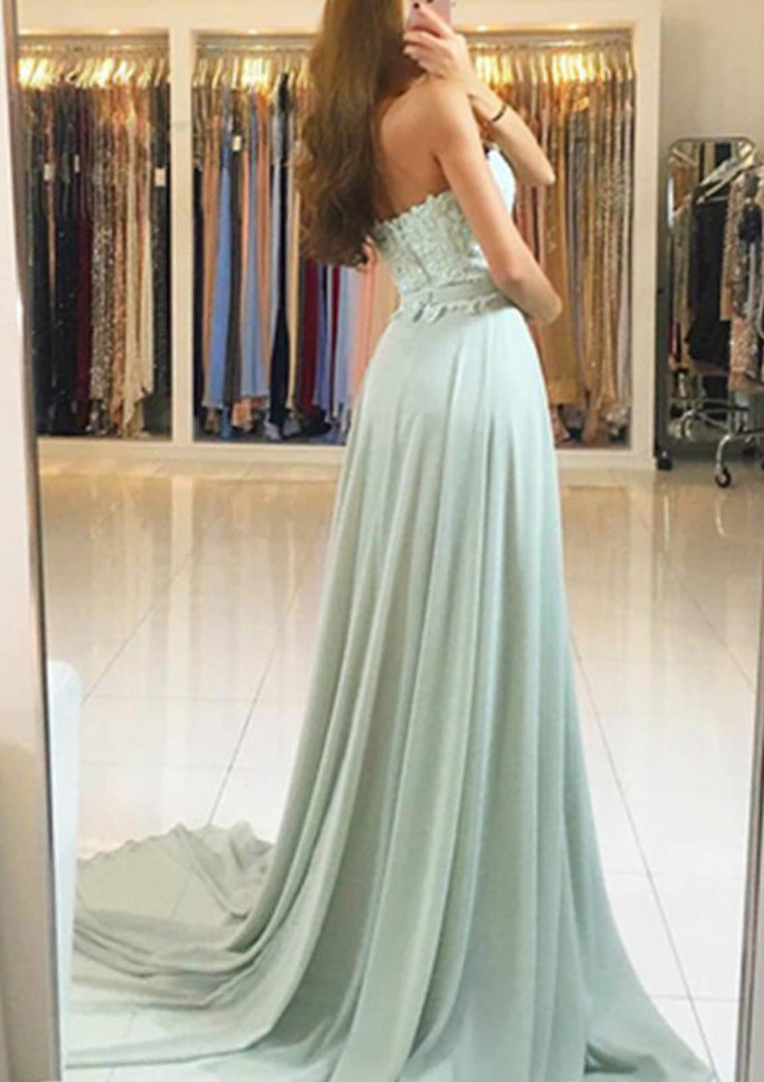 Sweetheart Strapless A-line Chiffon Court Sage Green Evening Dress |  Misdress