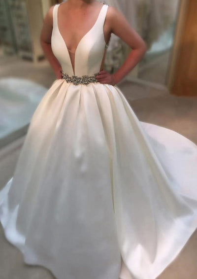 Taffeta Ball Gown Sleeveless V Neck Open Back Bridal Dress 