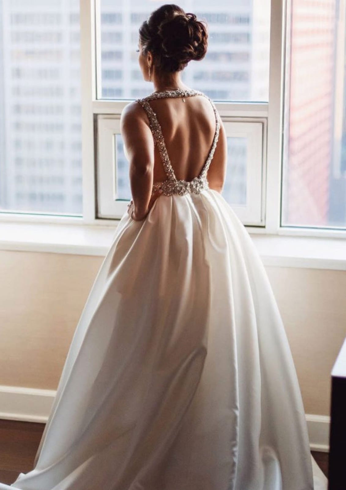 Taffeta Ball Gown Sleeveless V Neck Open Back Bridal Dress 