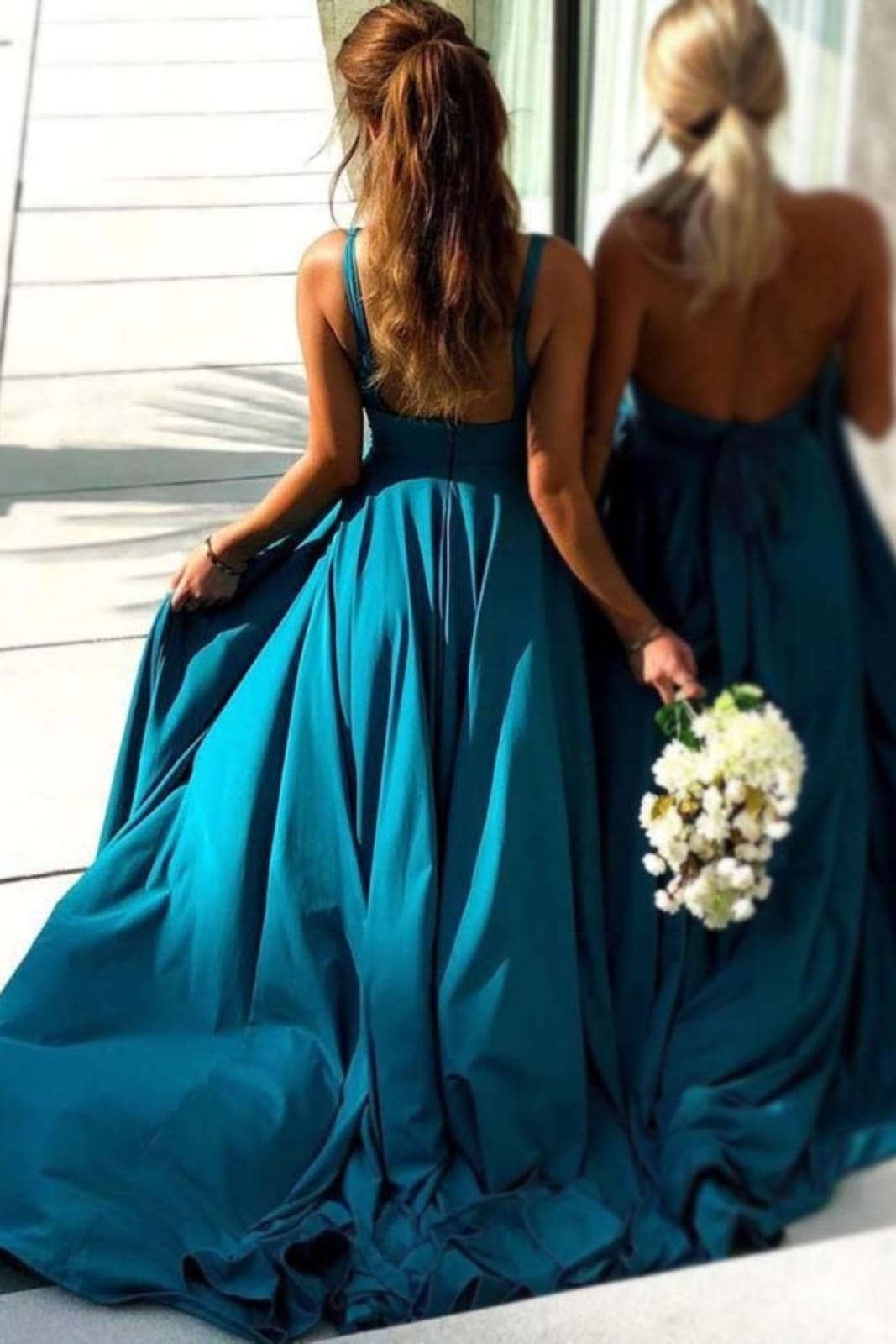 Teal Blue V Neck Straps Long Backless Chiffon Split Wedding Party Bridesmaid Dress