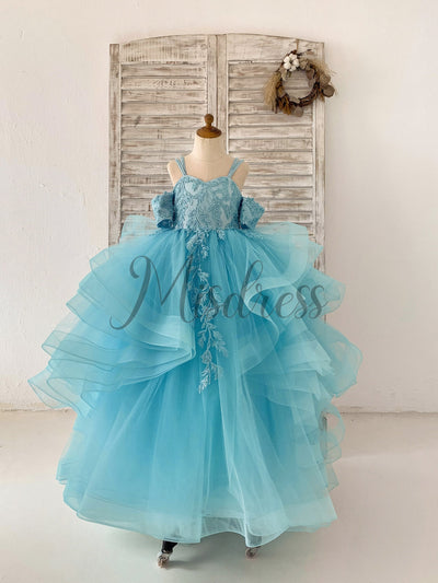 Teal Lace Tulle Off Shoulder Beaded Straps Horsehair Wedding Flower Girl Dress