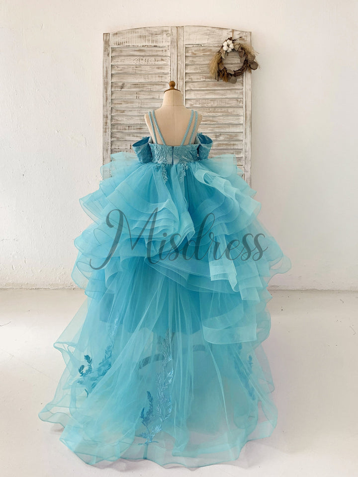 Satin Light Blue Little Girl Dresses Flower Girl Maxi Gown For Kids Boho  Lace Ruffle Tulle