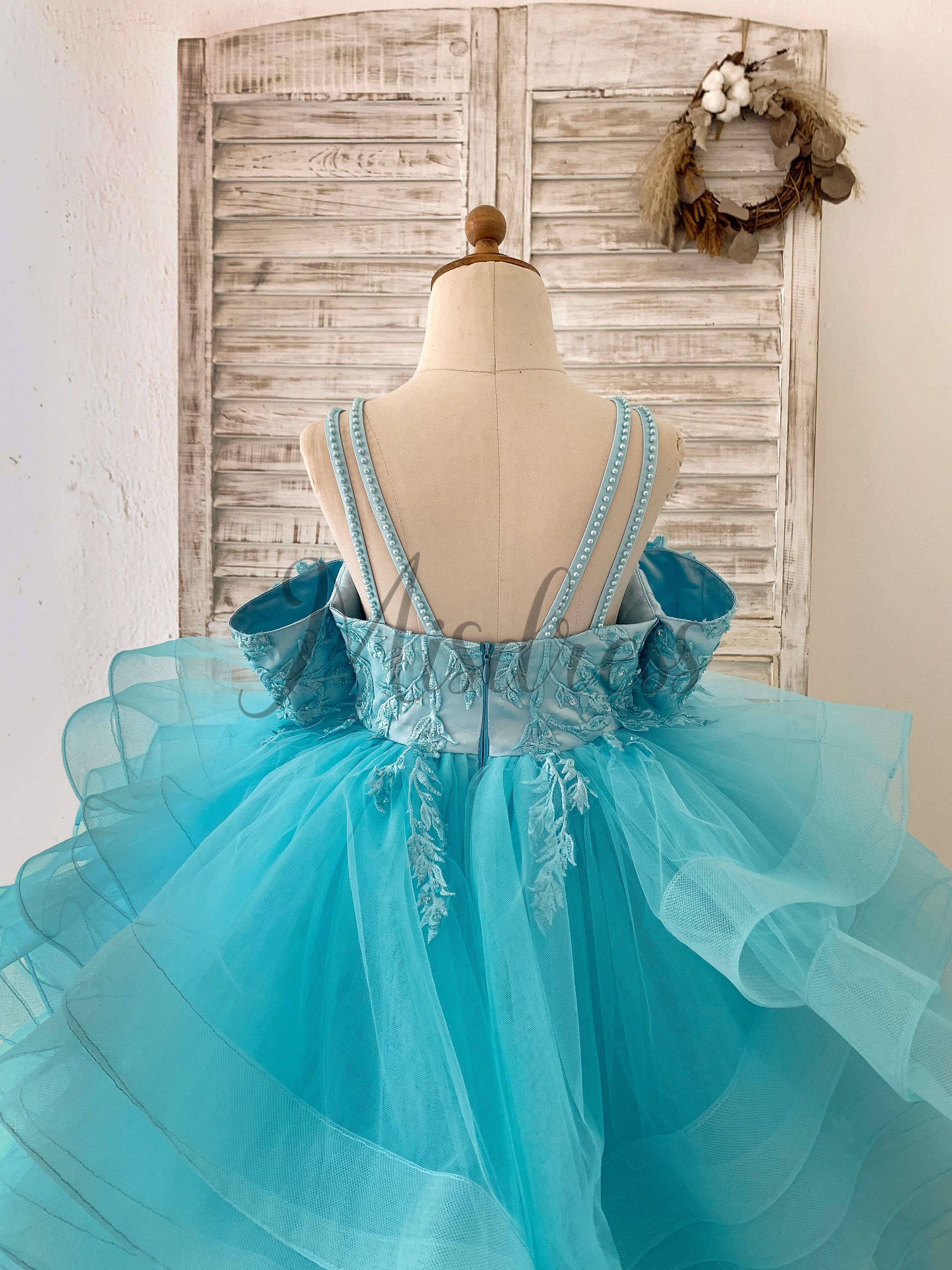 Teal Lace Tulle Off Shoulder Beaded Straps Horsehair Wedding