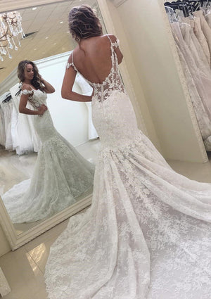 Trumpet/Mermaid Sweetheart Open Back Lace Wedding Dress - 