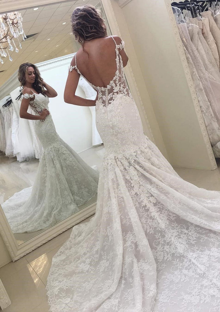 Trumpet/Mermaid Sweetheart Open Back Lace Wedding Dress - 