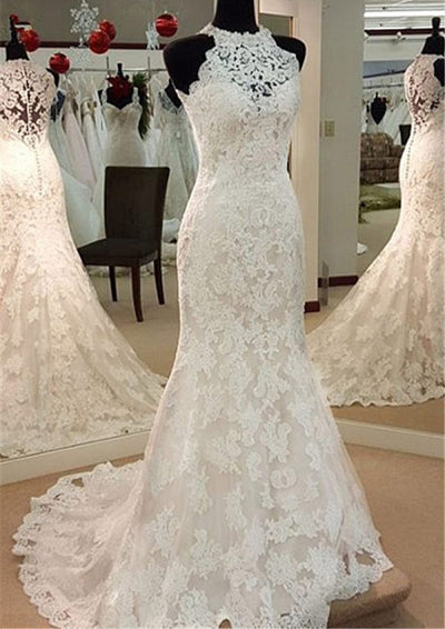 Trumpet Jewel Neck Sleeveless Sweep Train Ivory Lace Wedding