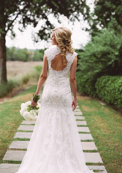 Trumpet Cap Sleeve Keyhole Buttons Court Lace Bridal Wedding