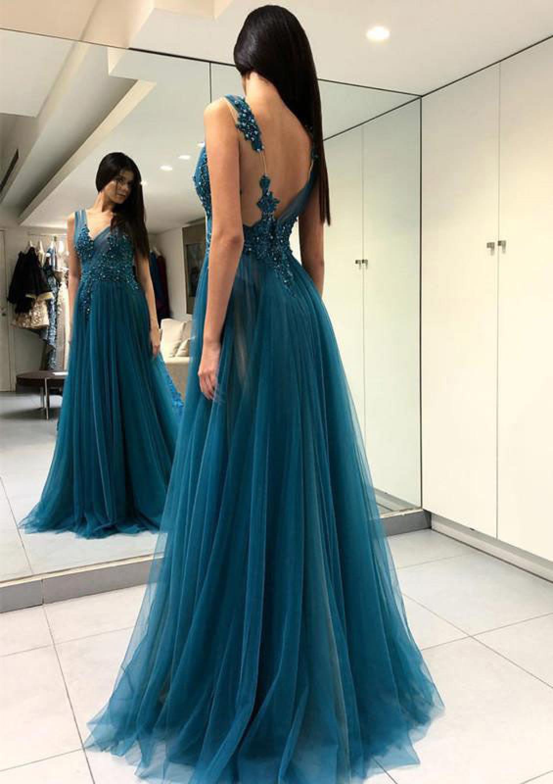 Tulle Prom Dress A-Line/Princess V-Neck Long/Floor-Length