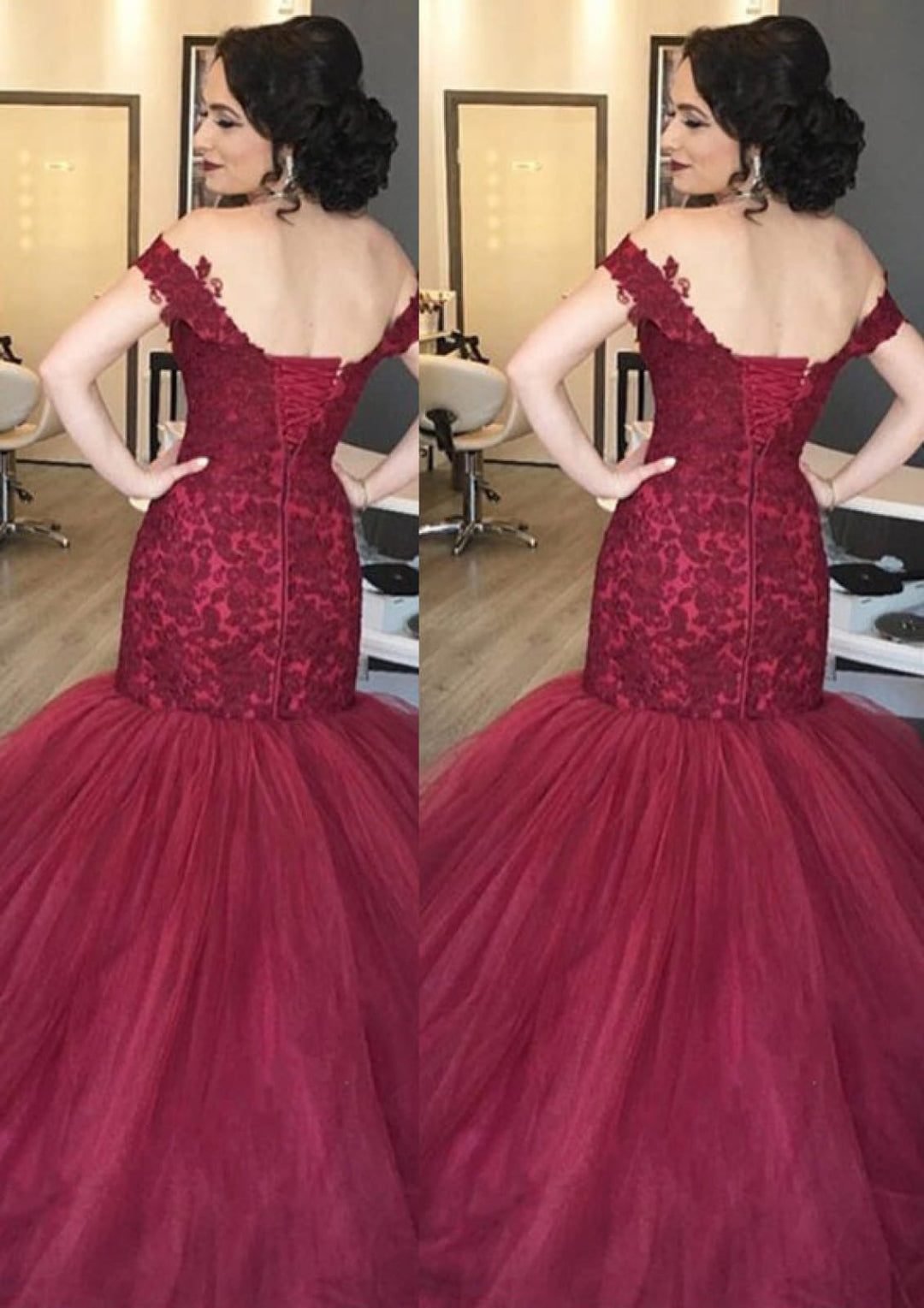 Tulle Prom Dress Burgundy Trumpet Sweetheart Sweep Off Shoulder, Lace Tulle Prom Dress Burgundy Trumpet Sweetheart Sweep Off Shoulder, Lace
