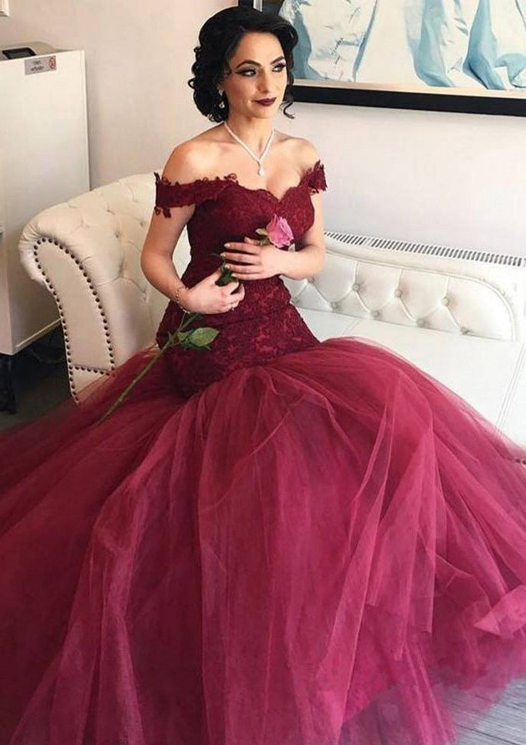 Tulle Prom Dress Burgundy Trumpet Sweetheart Sweep Off Shoulder, Lace Tulle Prom Dress Burgundy Trumpet Sweetheart Sweep Off Shoulder, Lace