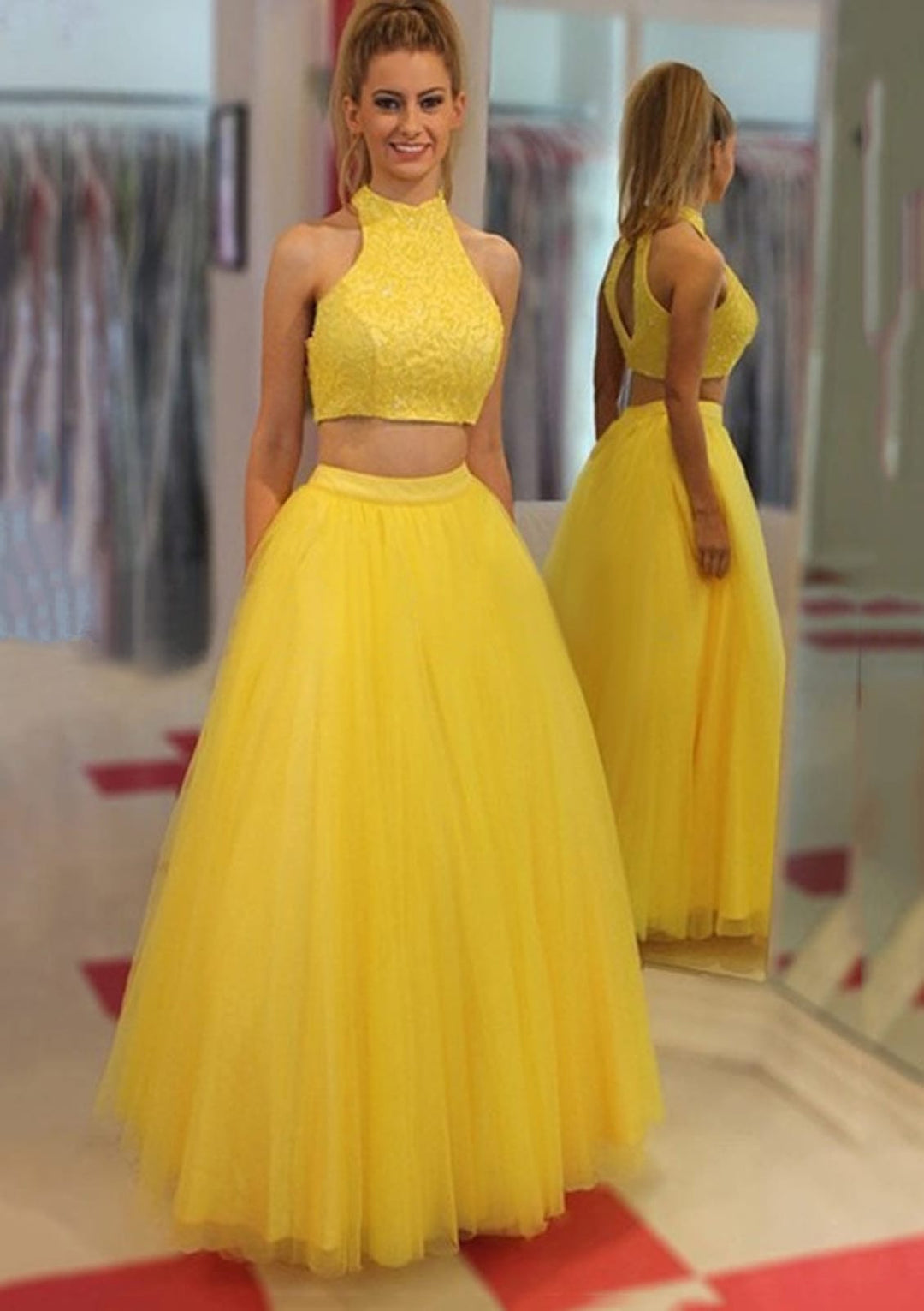 chinese dress ladies Tulle Prom Gown Yellow Princess High Neck Floor-Length Lace 2 Piece Set Dress