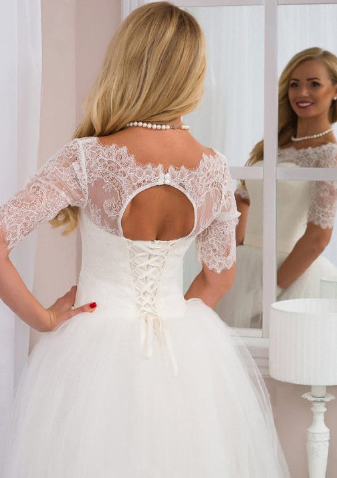 Tulle Wedding Dress Half Sleeve Bateau Keyhole Back Lace - 