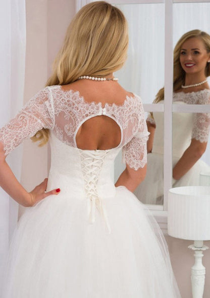 Tulle Wedding Dress Half Sleeve Bateau Keyhole Back Lace - 