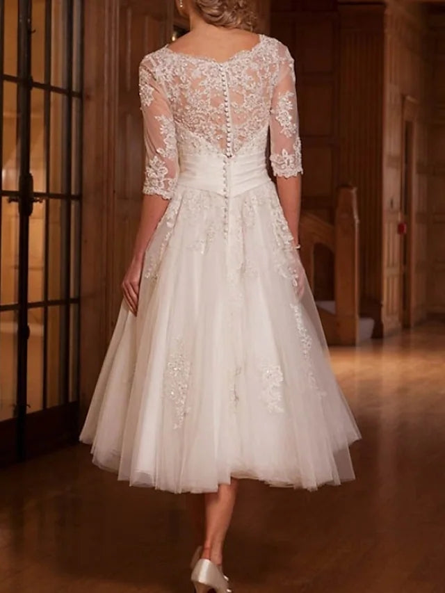 Short Wedding Bardot Midi Wedding Dress Bridal Shower A-Line Wedding Dress Tea Length 3/4 Sleeve Lace Bridal Gown Short Wedding Bardot Midi Wedding Dress Bridal Shower A-Line Wedding Dress Tea Length 3/4 Sleeve Lace Bridal Gown