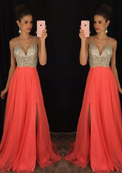 A-line Chiffon V Neck Sleeveless Split Formal Prom Dress 