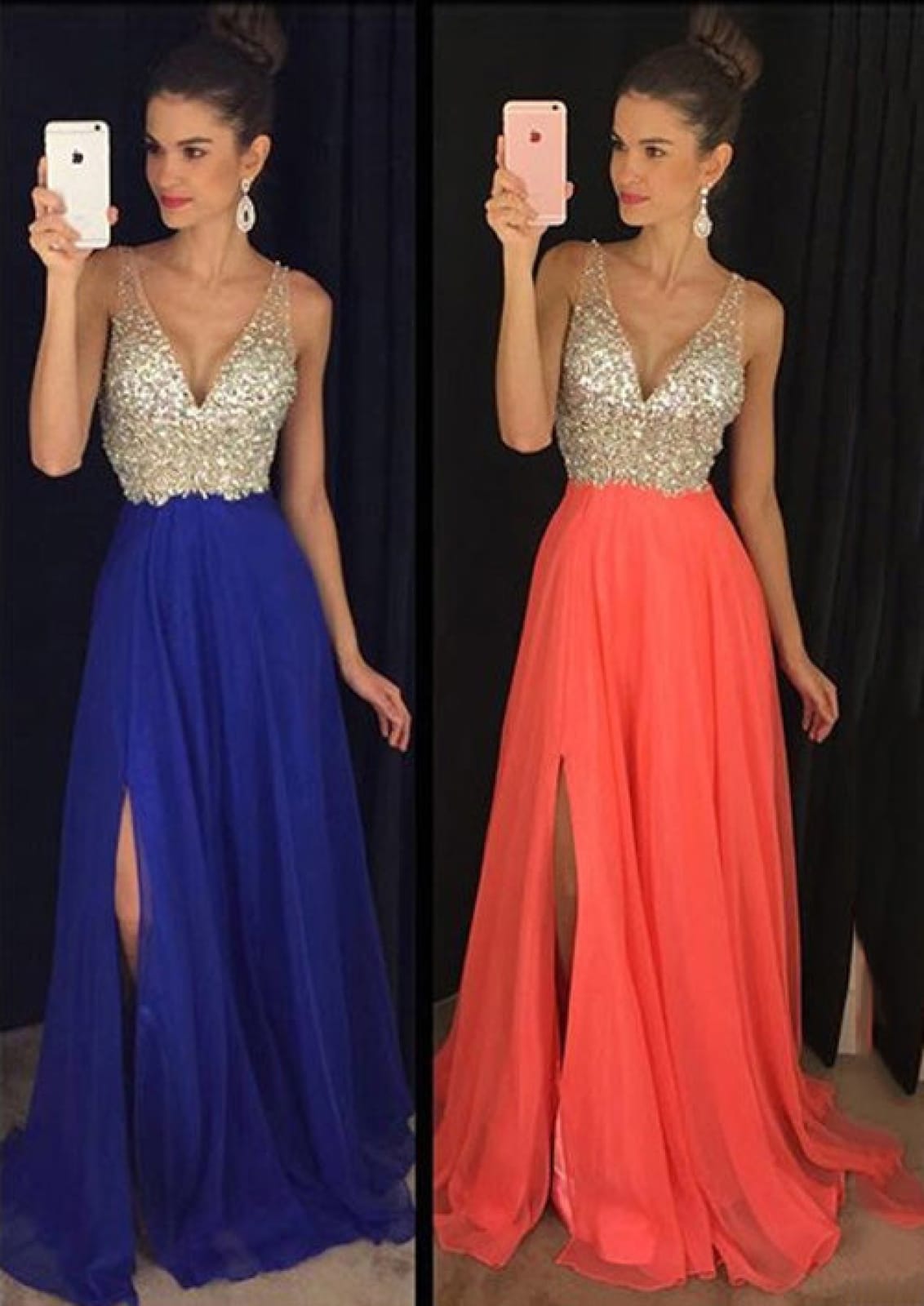 A-line Chiffon V Neck Sleeveless Split Formal Prom Dress 