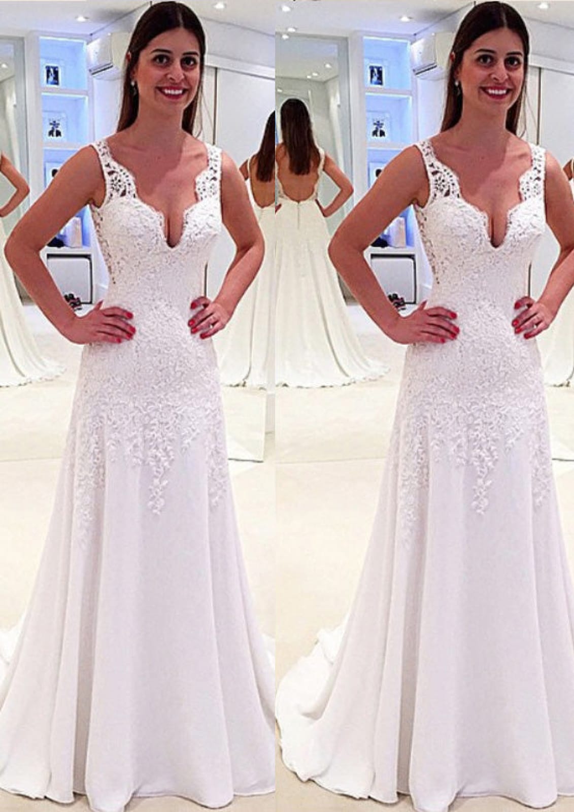 White Lace Chiffon A-Line/Princess Sleeveless Wedding Dress 