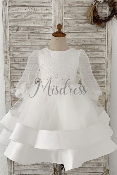 Long Organza Sleeves Sequin Tulle V Back Wedding Flower Girl Dress