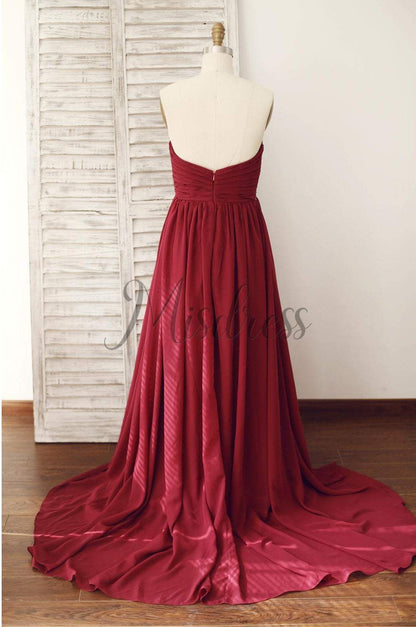 Wine Red Burgundy Chiffon Bridesmaid Dress Prom Dress Strapless Beaded Dress - Bridesmaid Dresses