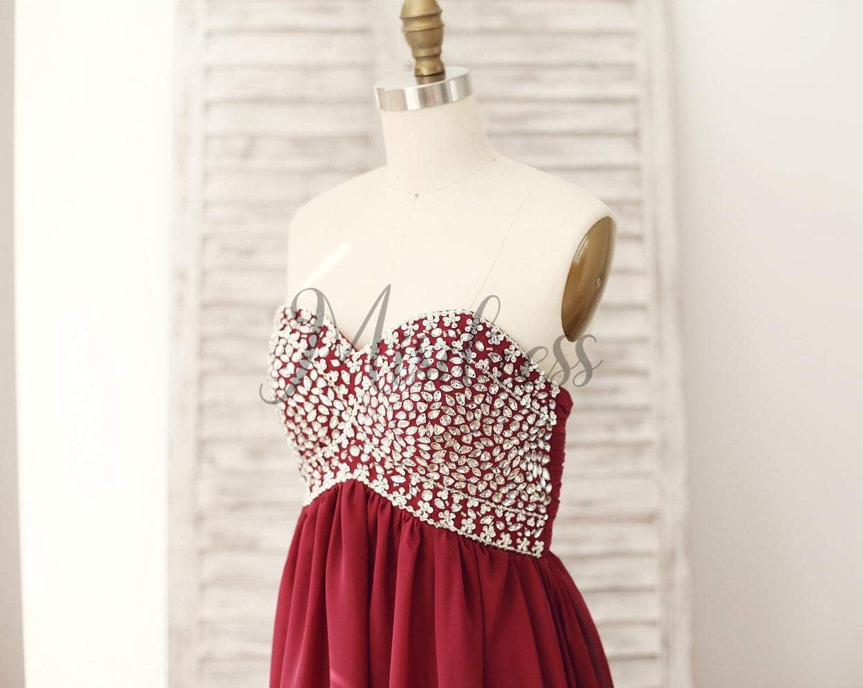 Wine Red Burgundy Chiffon Bridesmaid Dress Prom Dress Strapless Beaded Dress - Bridesmaid Dresses